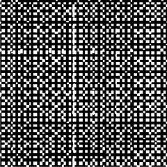 Black and white pixelated pattern with vertical white lines disrupting the grid like structure, complex design