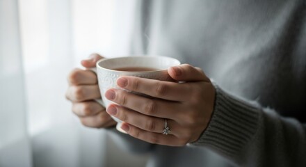 A person holds a white mug filled with hot tea or coffee in their hands wearing a gray sweater and a ring