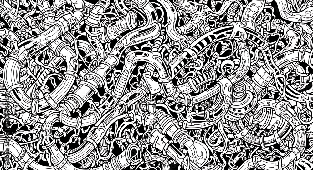 Poster a complex, black and white abstract pattern with intricate, swirling lines and shapes.