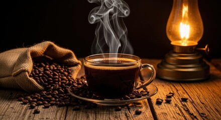 Warm cup of coffee with steaming aroma next to a burlap sack of roasted beans and an antique lantern providing soft light on a wooden surface