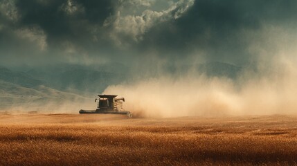 Fototapeta premium Harvesting Wheat with a Combine in a Golden Field Under a Clear Blue Sky Depicting Rural Abundance