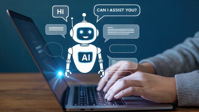 Virtual assistant AI robot helping online with instant support on laptop for dynamic business solutions