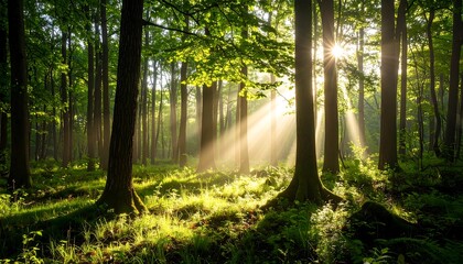 Obraz premium Sunlight streams through a misty forest (2)