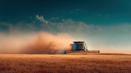 Obraz premium Harvesting Time in Golden Fields with a Combine Working Under a Bright Blue Sky and Warm Sunlight