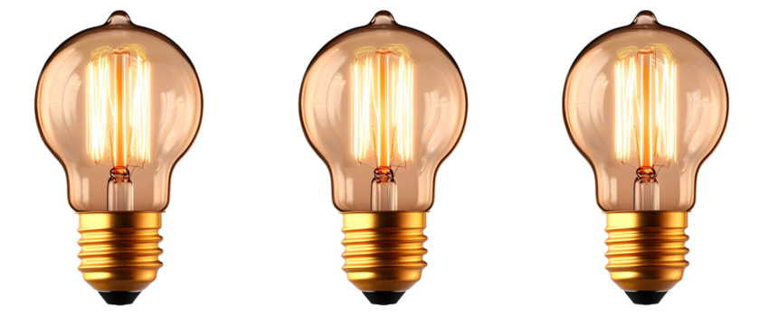Three Illuminated Edison Style Bulbs Isolated Against A Transparent Background With Gold Base And Warm Glow Displaying Inner Filaments