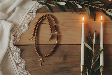 Serene prayer beads and glowing candles create a peaceful, spiritual atmosphere perfect for reflection
