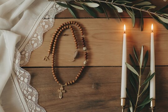 Serene prayer beads and glowing candles create a peaceful, spiritual atmosphere perfect for reflection