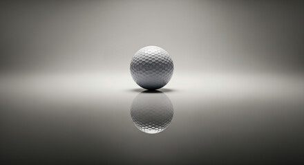 Minimalist studio shot of a single white golf ball with reflection on a sleek gray background
