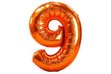 Bright Orange Number 9 Metallic Balloon with High Gloss Shine, Tilted View, Transparent