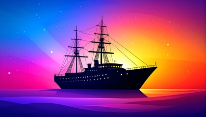 Fototapeta premium Silhouette ship at colorful sunrise/sunset