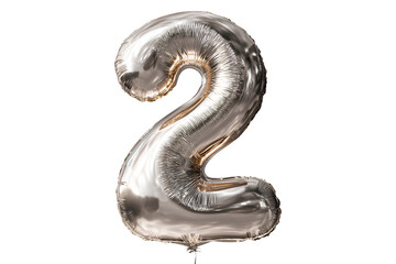 Glossy Metallic Silver Number 2 Balloon with Curved Highlights, Front Angle View, Isolated
