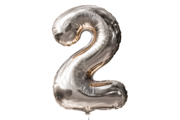Glossy Metallic Silver Number 2 Balloon with Curved Highlights, Front Angle View, Isolated