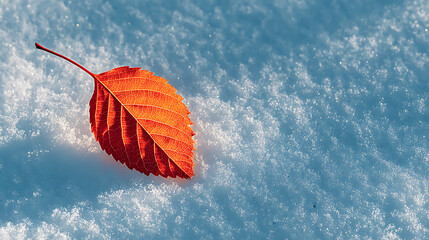 Red Leaf on Sparkling Snow Winter Nature Close Up