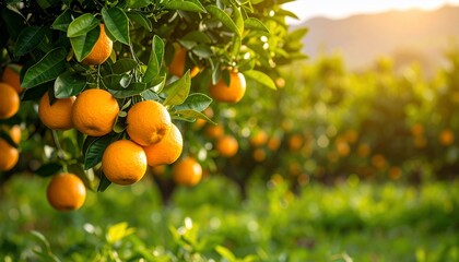 Golden Hour in the Orange Grove: Ripe Oranges Glowing in the Sunlight