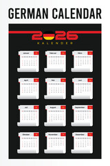 German Printable 2026 Wall Calendar Vector Template for Multipurpose