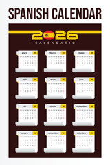Spanish Monthly Wall Calendar 2026 Printable Vector Template