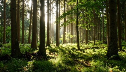 Fototapeta premium Sunlight streams through forest canopy