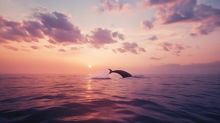 A majestic dolphin breaching the ocean surface during a vibrant sunset, creating a stunning marine vista
