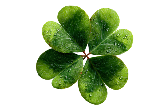 Realistic Fresh Three-Leaf Clover with Dewdrops, Top View, Isolated on Transparent Background.