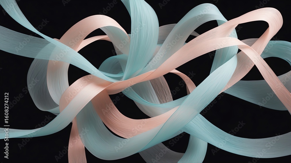 Poster abstract ribbon arrangement flowing with soft color tones on black background