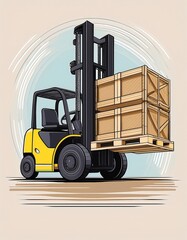 Naklejka premium A vibrant illustration of a forklift lifting wooden crates, highlighting essential equipment in warehouse operations.
