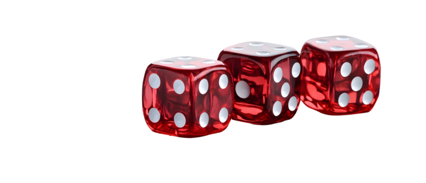 Three Translucent Red Dice With White Spots Isolated Against A Dark Black Background