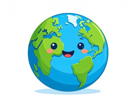 Cartoon illustration of a smiling Earth globe with green continents and blue oceans, presented on a white background.