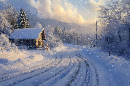 a snowy road with a cabin in the background