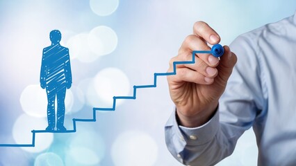 Illustrating career growth and professional success with a hand drawing steps to the top for business