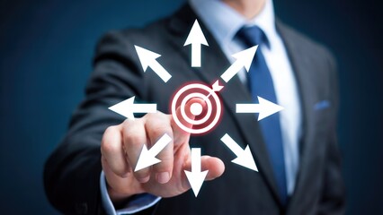Strategic business decisions concept with executive pointing to target, success with determination and focus
