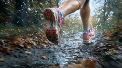 Trail Running A closeup shot of running shoes on a muddy path