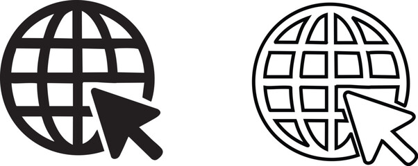 Globe with Cursor Icon Set – Solid and Outline Vector Illustrations Representing Internet Access, Global Web Navigation, Online Search, Domain Access, Network Browsing, Website Click, and Digital Pres
