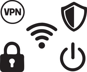 VPN Security Icon Set – Solid Style Vector Symbols of VPN, Lock, Shield, Wi-Fi, and Power Button for Online Protection, Network Privacy, Secure Connection, App Cybersecurity Design