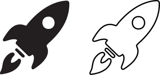 Rocket Launch Icon Set – Solid and Outline Vector Illustration Representing Startup Growth, Innovation, Speed, Business Launch, New Project, Tech Acceleration, Success Boost, and Future-Oriented Progr