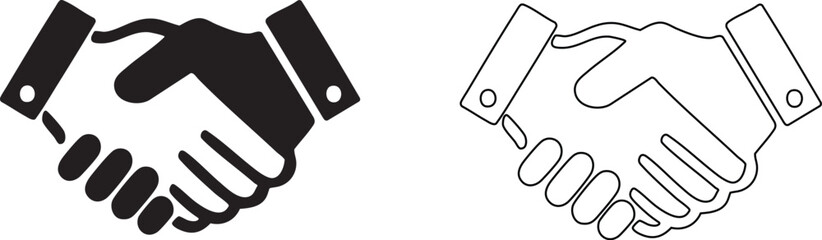 Handshake Icon Set – Solid and Outline Vector Illustrations for Business Partnership, Agreement, Collaboration, Trust, Professional Deal, Teamwork, Successful Contract Signing, and Mutual Understandin