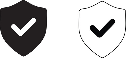 Security Shield with Checkmark Icon Set – Solid and Outline Vector Symbols Representing Safety, Protection, Approval, Antivirus Security, Data Shield, Verified Access, Trusted System, and Cybersecurit