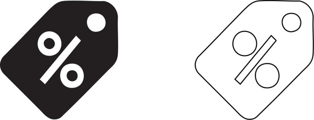 Discount Tag Icon Set – Solid and Outline Percentage Symbol on Price Label Vector Illustrations for Sale, Promotion, Offer, Price Cut, Marketing Campaign, Retail Deals, and E-commerce Events