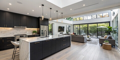 Open-concept modern kitchen with black cabinets, waterfall island, and connected living room in the background
