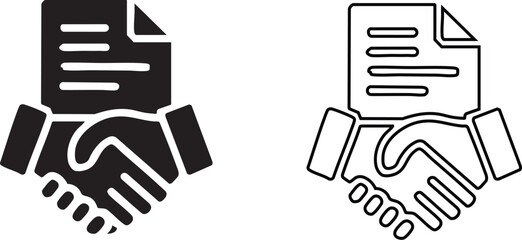 Business Agreement Icon Set: Handshake and Contract Symbol in Solid and Outline Style – Corporate Partnership, Legal Deal, Document Signing Vector Illustration for Business, Legal, and Professional U