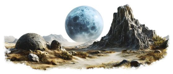 Fantasy Landscape Featuring Distant Planet And Moon Above Mountains With Dramatic Lighting In Earthy Tones