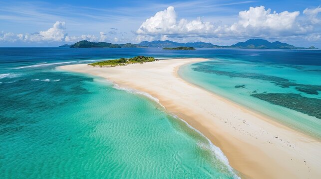 Aerial drone above shot of impressive Pinagbuyutan Island. Amazing white sand Ipil beach with turquoise blue water around
