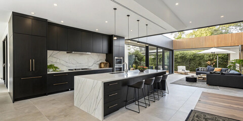 Open-concept modern kitchen with black cabinets, waterfall island, and connected living room in the background
