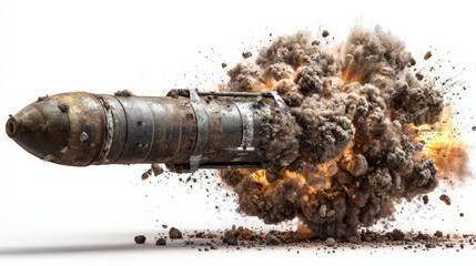 Projectile, bomb, rocket isolated on white background. Large exploding military weapon, dropped from the 