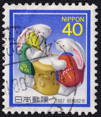 Rabbit cake on a 1986 Japan vintage postage stamp. July 2025.