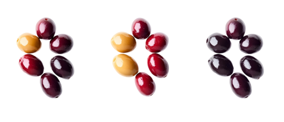 Arrangement of Fresh Green and Dark Olives Isolated on a Transparent Background Reflective Surface with Studio Lighting