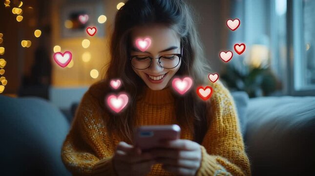 teenager using smartphone, scrolling through social media. While tapping or interacting with the screen, heart emoji and social media icons float up from the phone screen in colorful animation.