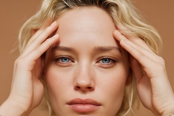 Naklejka premium Beautiful Woman with Natural Makeup Touching Her Face