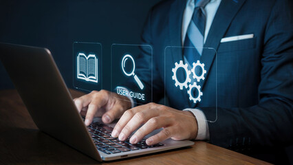 Professional man accessing user guide on laptop for business solutions and help, a modern workflow