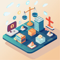 Isometric illustration depicting concepts of finance, law, technology, and religious symbols, with coins and buildings.