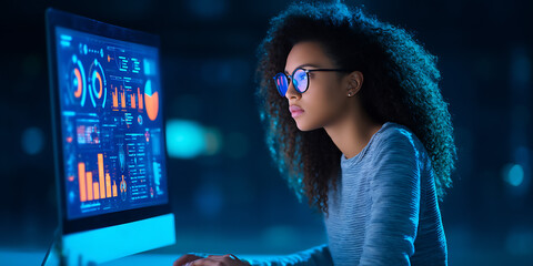 Female analyst reviewing digital marketing strategy on desktop monitor